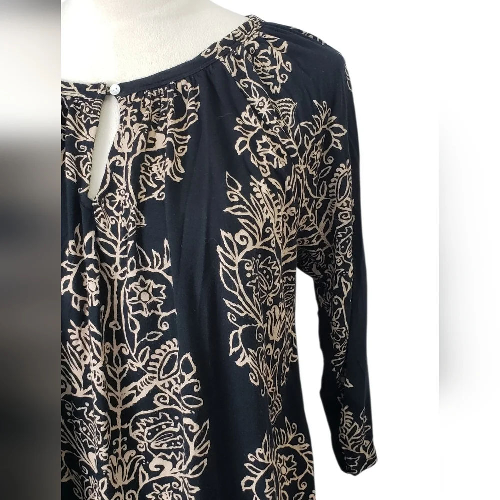 Lucky Brand Black Keyhole Detail Peasant Top Black & Tan Size 1X Boho
